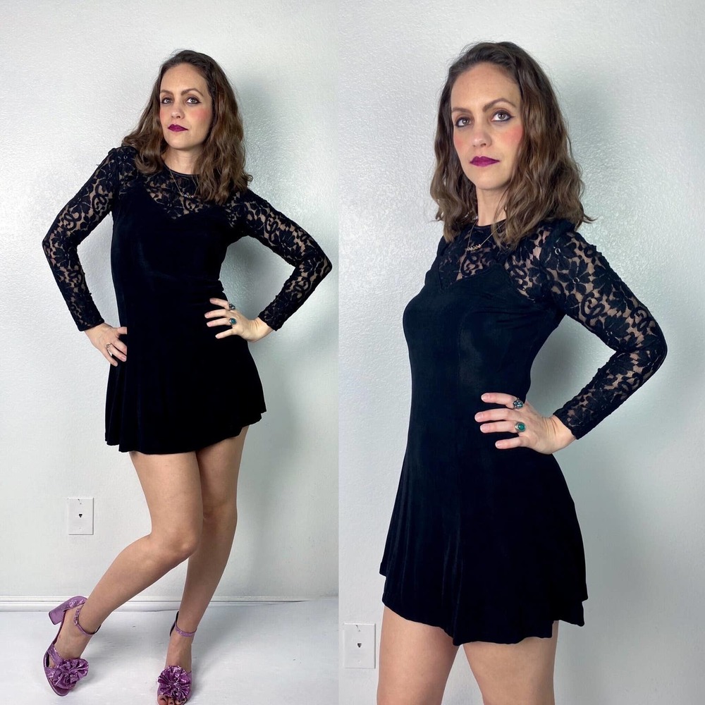 vintage 90s Black SLINKY sheer lace SKATER DRESS Small lbd 90s dress goth y2k